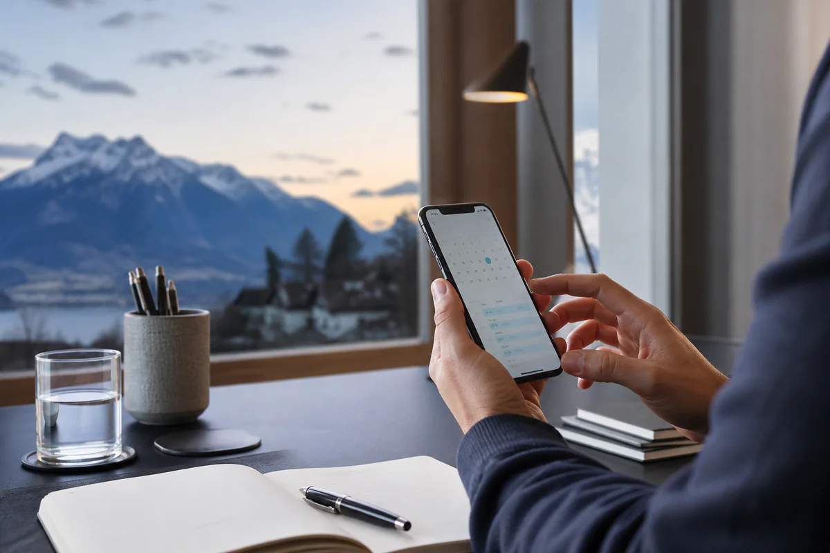 Prise de rendez-vous depuis un téléphone face aux Alpes suisses
